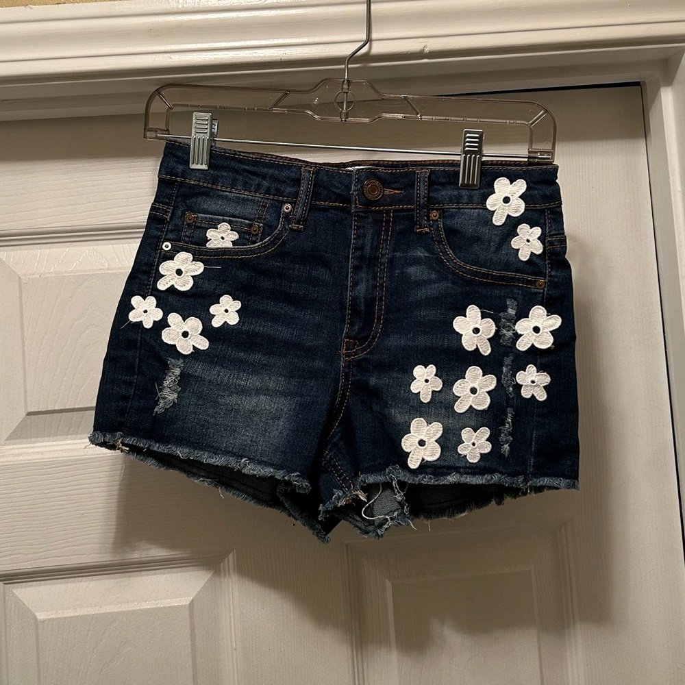 Indigo Rein Jean Shorts with White Floral Accents - Picture 2 of 3